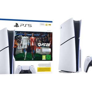Imagem da consola Sony PlayStation 5 Standard Edition 1TB Branca com comando DualSense e FC 26, edição de nova geração para gaming de alta performance.